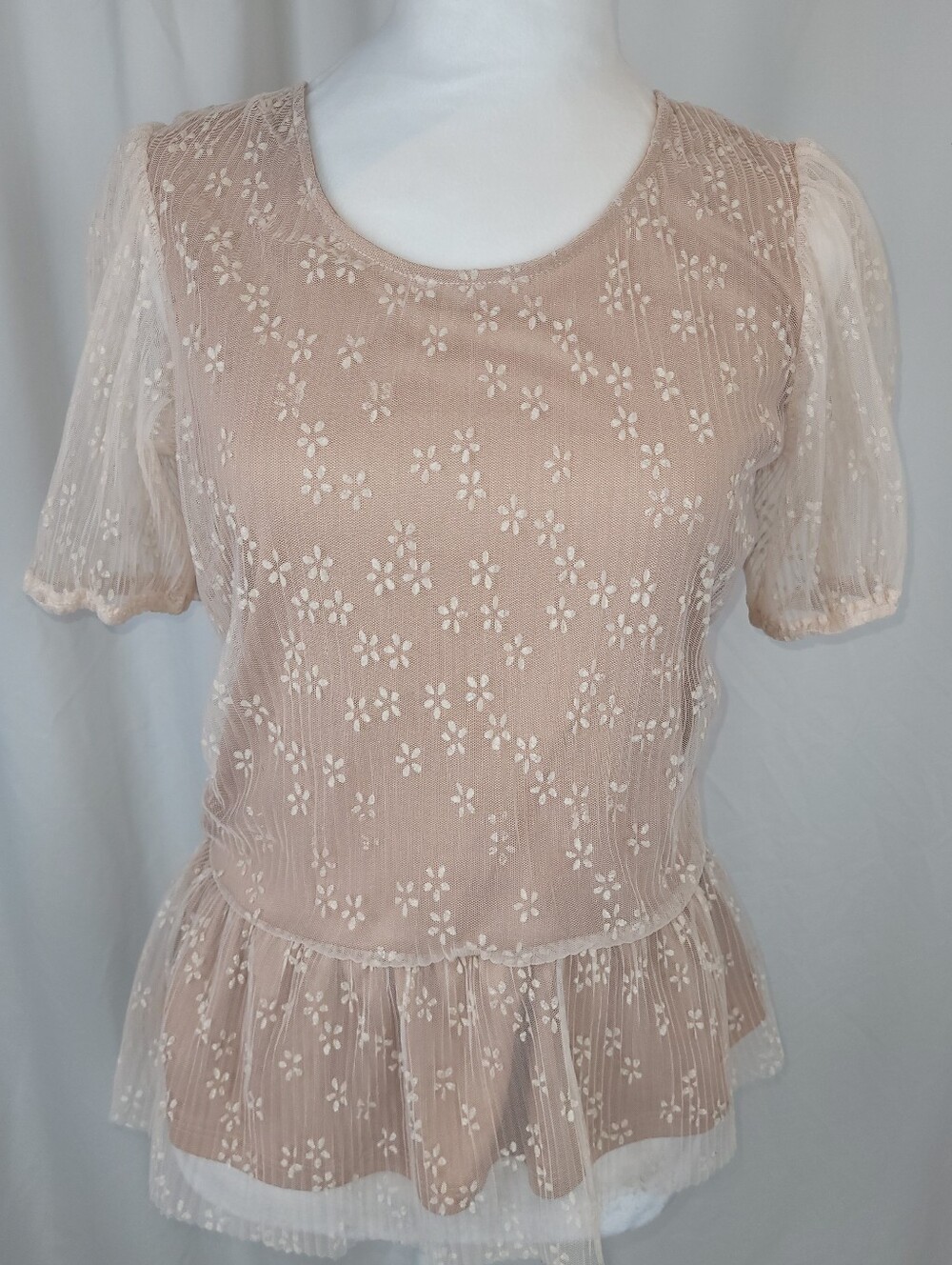Cleo Pink Mesh Floral Peplum Lace Top Blouse Size XS NWOT - Picture 2 of 16